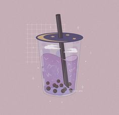 an illustration of a purple drink with chocolate chips and a straw in the cup, on a pink background