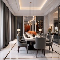 an elegant dining room with marble flooring and white walls, along with gray chairs