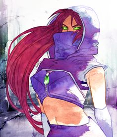 a drawing of a woman with long red hair and green eyes wearing purple clothes, standing in front of a window