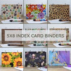 six handmade card binders with flowers and leopard prints on them, all in different colors