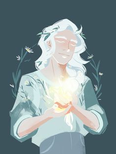 an illustration of a woman holding a glowing ball in her hands with daisies around her