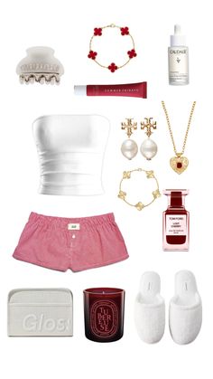 the contents of a white top and pink shorts