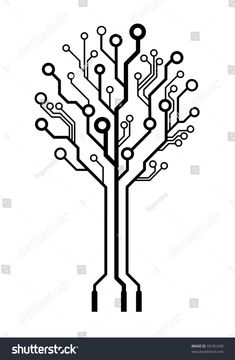 a circuit board tree with lots of wires and dots on it's branches, black and white