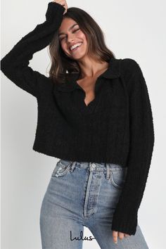 The Lulus Plush Comfort Black Long Sleeve Collared Cropped Sweater Top will keep you warm and adorable all day long! Soft sweater knit shapes this comfy-as-can-be sweater that has a collared, henley-inspired neckline and long sleeves with drop shoulders. The relaxed, boxy bodice ends at a cropped hem, perfect for pairing with your fave high-waisted bottoms! Fit: This garment fits true to size. Length: Size medium measures 18" from shoulder to hem. Bust: Great for any cup size. Waist: Not Fitted Cozy Textured Knit Cropped Sweater For Loungewear, Cozy Cable Knit Tops For Loungewear, Black Cropped Sweater For Winter Loungewear, Cozy Black Cropped Long Sleeve Sweater, Cozy Black Long Sleeve Cropped Sweater, Black Cozy Long Sleeve Cropped Sweater, Black Cozy Cropped Sweater, Cozy Soft Knit Black Cropped Sweater, Casual Textured Knit Cropped Sweater For Loungewear