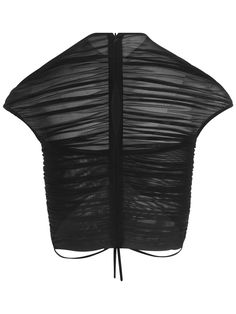 Back zip closure. Adjustable drawstring at hem. Sheer mesh panels. Model is wearing a size38 Versace Brand, Mesh Crop Top, Swim Accessories, Flat Espadrilles, Shearling Jacket, Heeled Loafers, Ski Wear, Black Crop Tops, Swimwear Tops