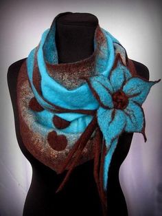 Vintage Women Fashion, Tovad Ull, Woolen Flower, Flower Scarf, Polyester Scarf, Scarf Accessories, Pink Accessories, Felted Scarves, Blue And Brown