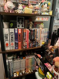 a book shelf filled with lots of books next to a wall full of stuffed animals