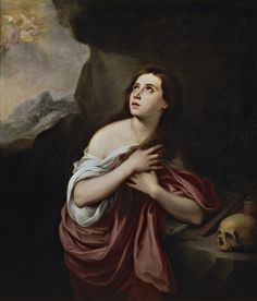 a painting of a woman with her arms crossed in front of a skull on the ground