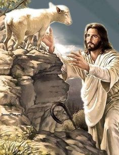 an image of jesus holding his hand out to a goat on top of a mountain