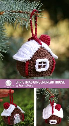 crocheted christmas gingerbread house ornament hanging from a pine tree branch