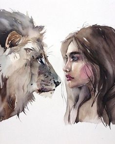 a watercolor painting of two women facing each other with lions on their heads behind them