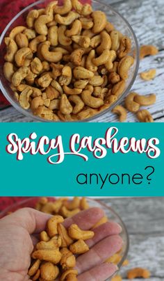 a person holding some nuts in their hand and the words spicy cashews are above them