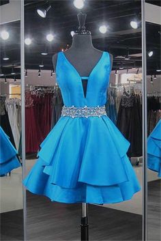 A-line V-Neck Beadings Short Homecoming Dresses Backless Homecoming Dresses, Homecoming Dress Short, School Dance Dresses, Short Homecoming Dresses, Satin Homecoming Dress, Marine Uniform, V Neck Prom Dresses, Blue Homecoming Dresses, Short Party Dress