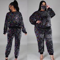 Includes Face Mask Not For Medical Purposes Washable And Reusable Long Sleeve Sweater Round Neck High Waist Joggers Sequin 100% Polyester Hand Wash Cold Black Friday Sale *One Day Only* Reg. Price $70 Sale Price $45 Velvet Sweat Suit, Sequins Jogger Pants, Velvet Pantsuit, Petite Suits, Polka Dot Pants, Calvin Klein Pants, Stretch Dress Pants, Navy Blue Pants, Tie Dye Crop Top