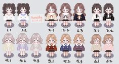 some pixelons with different outfits and hair styles for each character in the video game