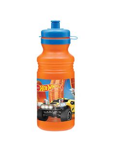 an orange plastic water bottle with a blue lid and handle on the side, featuring a cartoon character from hot wheels