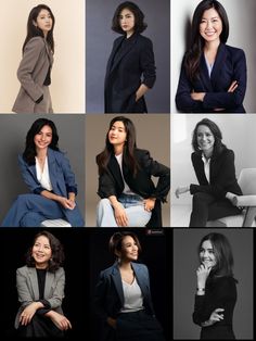 many different pictures of women in suits and smiling at the same time as they pose