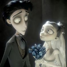 a corpse bride and groom are looking at each other