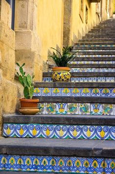 some potted plants are sitting on the steps in front of an old building with blue and yellow tiles