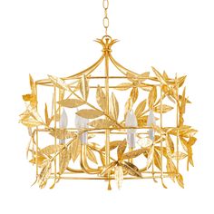 a golden chandelier with leaves hanging from the ceiling