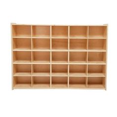 an empty wooden shelf with many compartments