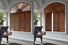 two pictures of the same window with wooden shutters