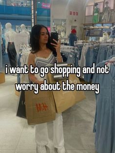 a woman holding a shopping bag and looking at her cell phone with the text i want to go shopping and not worry about the money