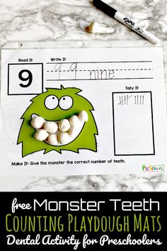 a monster themed playdough mats with the text free monster teeth counting activity for preschoolers