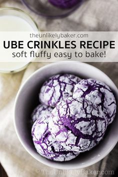 purple crinkles in a white bowl next to a glass of milk on a table