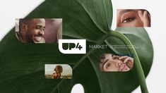 a green leaf with pictures of people and the words up4 market on it's side