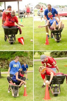 four pictures of people playing with cones in the park