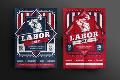 two labor day flyers on a black background