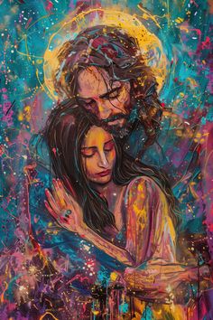 a painting of two people embracing each other