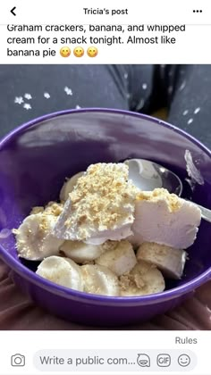 a purple bowl filled with ice cream and banana slices next to an instagram post