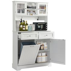 a white kitchen cabinet with open doors and shelves on both sides, filled with food items