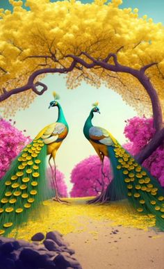 two peacocks are standing in the middle of a park with trees and flowers behind them