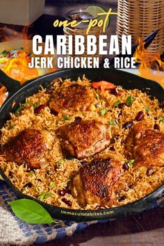 one pot caribbean chicken and rice in a cast iron skillet with text overlay