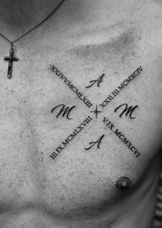 a man with a cross on his chest and two names tattooed on the chest piece