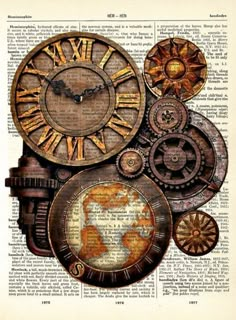 an old book page with gears and clock faces on it's edges, as well as the word time