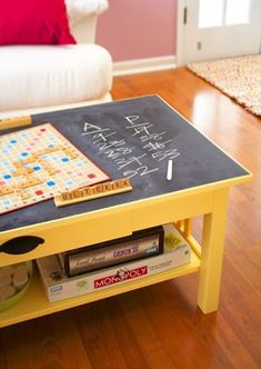 a coffee table with a board game on it