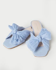 Blue Organza Fabric, Bridal Slippers, Fun Wedding Shoes, Bow Slides, Blue Organza, Loeffler Randall Shoes, Blue Bridal, Bow Flats, Blue Flats