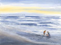 watercolor painting of two people walking on the beach at sunset, with a pier in the distance