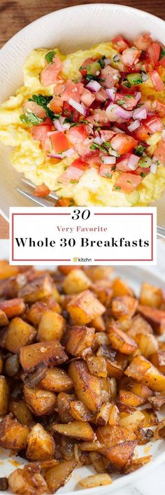 two plates with different types of food on them and the words, 20 whole 30 breakfasts