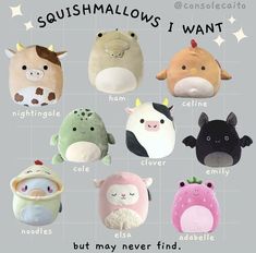 a bunch of stuffed animals that are in different colors and sizes, with the words sushimallows i want