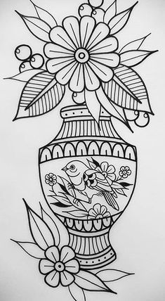 a drawing of a vase with flowers and leaves on the bottom, in black and white