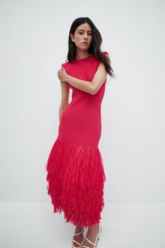 Rushes Raffia Knit Midi Dress | Deep Fuschia | Aje – Aje ROW Aje Pink Dress, Aje Rushes Raffia Dress, Orange V-neck Midi Dress With Ruffles, Luxury V-neck Knit Midi Dress, Red V-neck Midi Dress With Ruffle Hem, Plunge Midi Dress, Denim Midi Dress, Belted Midi Dress, Denim Accessories