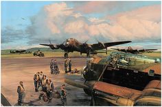 an oil painting of men standing in front of airplanes on the tarmac with other planes nearby