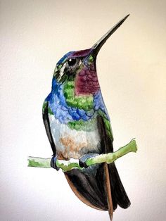 a painting of a colorful bird sitting on a branch with its beak open and tongue out