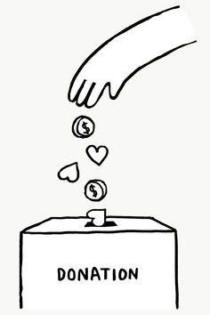 a hand dropping money into a donation box with the word donation written on it and hearts coming out