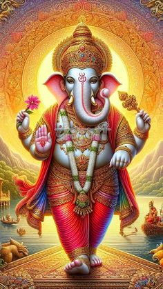 the god ganesha is standing in front of a lake